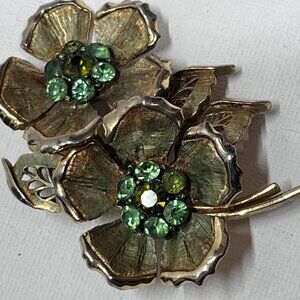 Vintage Brass Floral Brooch with Green Rhinestones